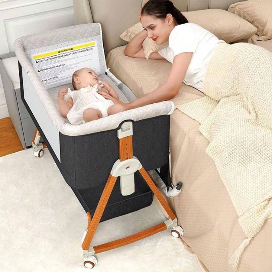 3-In-1 Baby Bassinet Bedside Crib, Mosquito Netting, 6 Height Adjustable, Foldable Baby Crib With Storage Basket For Newborn To Toddles,Baby Need - Màu xám đen - Xem 1