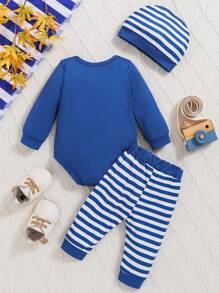 男婴长袖字母印花毛衣、条纹裤和无檐小便帽三件套服装，秋冬 - 藍色 - 查看 2
