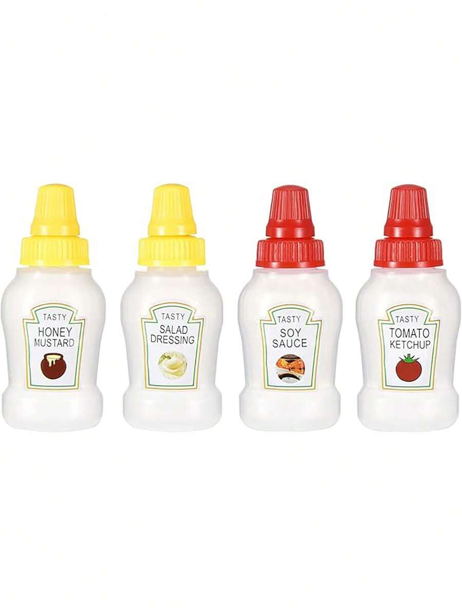 4 Mini-Ketchupflaschen mit stabilem Schraubverschluss, 25 ml, Mini-Quetschflaschen für Gewürze, tragbare Spender für Honigsauce und Salatdressing, Gläser, Behälter für Lunchboxen für Erwachsene, Inhalt auf dem Etikett (Honig, Ketchup, Sojasauce, Salatdressing), für unterwegs, zum Grillen, Mittagessen bei der Arbeit - Verschiedenfarbig - Übersicht 1