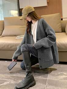 Solid Drop Shoulder Oversized Cardigan,Ladies Weekend Late Fall Casual Pocket Drop Shoulder V Neck Loose Grey Plain Women Cardigans,Casual Daily Wear,Long Sleeve Tops - Grey - View 4