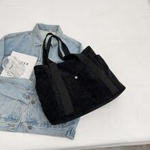 Women Corduroy Tote Bag With Multiple Pockets, Foldable Shoulder Handbag For Students, Office, Travel Shopping - Black - View 9