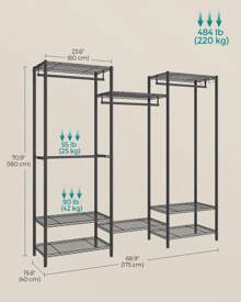 SONGMICS Clothes Rack, Open Wardrobe For Bedroom, Metal Clothes Rails With Adjustable Storage Shelves And Hanging Rails, Hooks, Heavy-Duty Clothing Storage, Dividable - Black - View 5