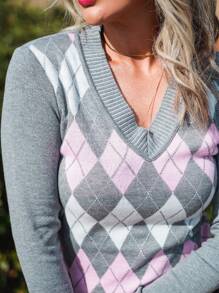 Women's Blouse Scottish Plaid Knitting Sweater V-Neck Tricot - 淺灰色 - 查看 3