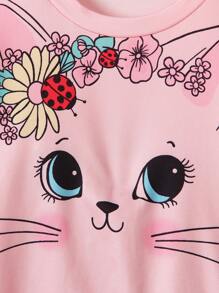 2024 Autumn Young Girl Fashion Casual Cute Cat Print Round Neck Long Sleeve Lightweight Sweatshirt