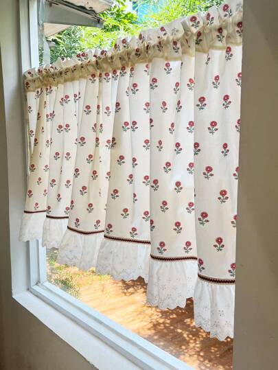 ستارة قهوة بطبعة زهرية ذات كشكشة خفيفة، بأناقة ريفية رومانسية، ستارة قهوة أنيقة مطرزة باليد بتصميم زهري، ستارة نافذة وستارة مطبخ مناسبة لأغراض المنزل