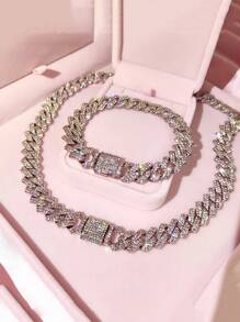 1 件欧美嘻哈水钻覆盖翻盖街头风格项链和手链金属链项链，夏季海滩派对珠宝套装 - 菱形 - 查看 5