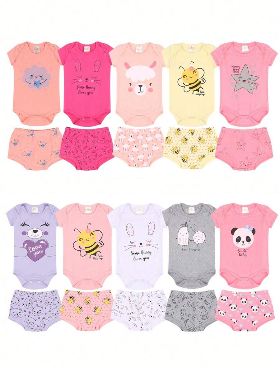 Kit 10 Pieces Of Clothes For Baby Girls, 5 Bodysuits + 5 Shorts