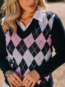 Women's Blouse Scottish Plaid Knitting Sweater V-Neck Tricot - 藏蓝色 - 查看 3