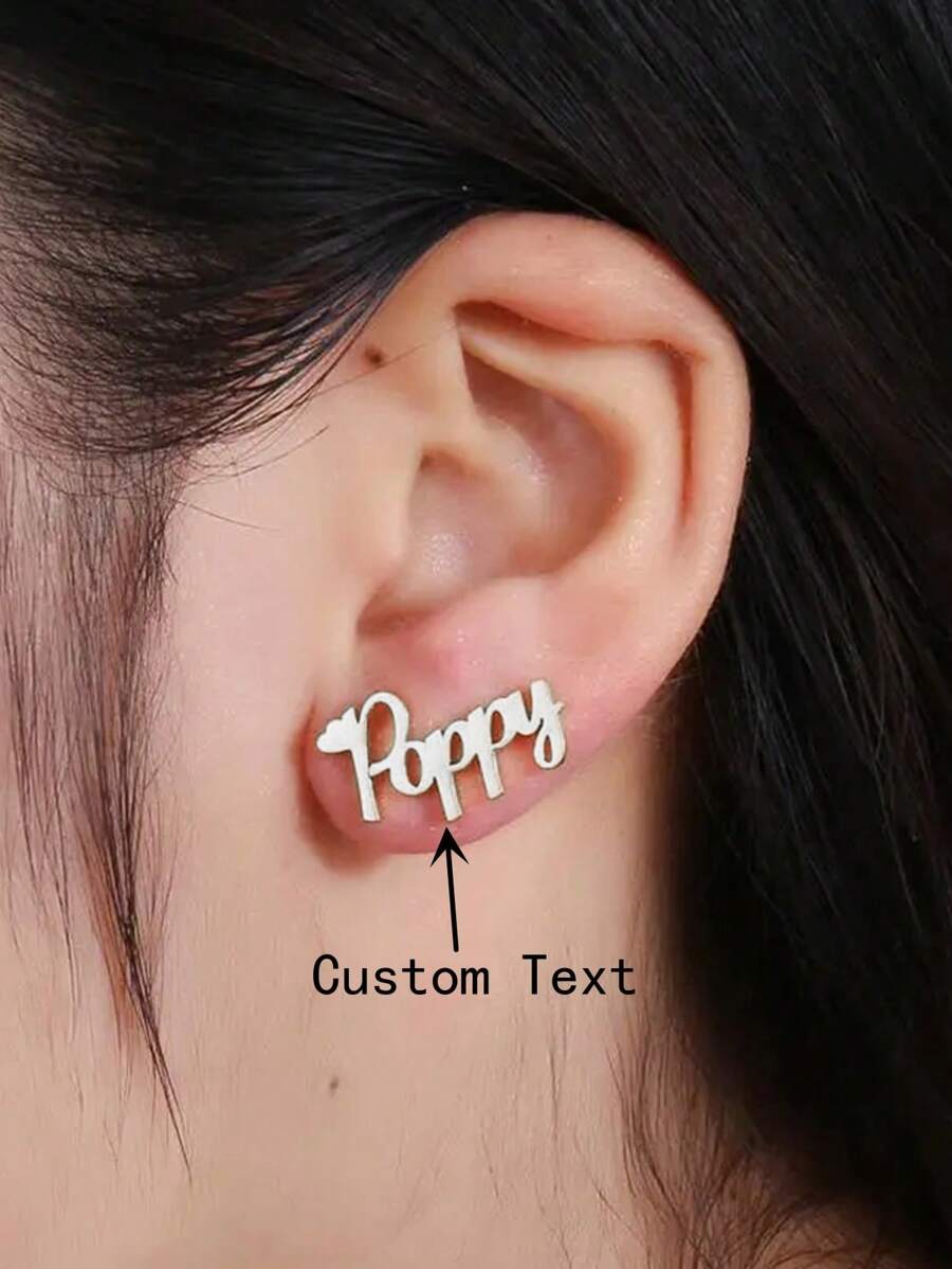 女士定制迷你心形带名字耳钉可爱珠宝不锈钢个性化首字母名字耳环礼物 - 鍍白金 - 查看 1