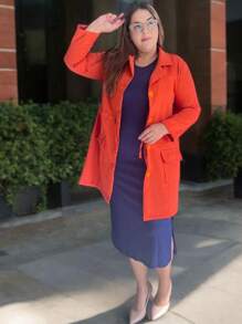 Plus Size Midi Dress With Ribbed Tube Sleeves And Side Slit - 藍色 - 查看 8