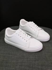 1 Pair Plus Size Women's Summer New Versatile White Shoes, Flat Casual Sneakers, Leather Surface White Shoes