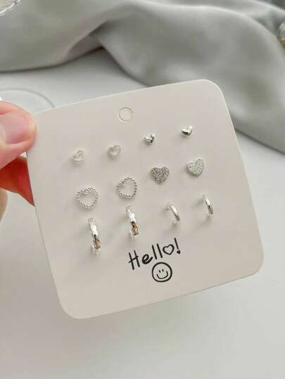 6 pares/set de pendientes de botón minimalistas con forma de corazón y en C chapados en plata, regalo para mujeres, regalo del Día de San Valentín para mamá o novia