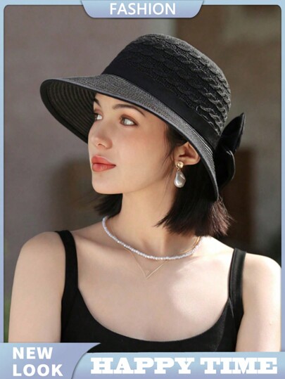1 pieza Sombrero de paja de verano para mujeres, simple y elegante con gran ala y decoración de lazo, accesorio versátil de protección solar