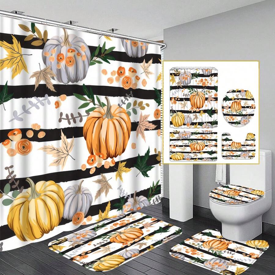 1 pieza Cortina de ducha impermeable para baño con diseño simple de calabaza de otoño y hoja de arce, incluye 12 ganchos de cortina de ducha para otoño - Multicolor - Ver 1