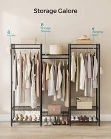 SONGMICS Clothes Rack, Open Wardrobe For Bedroom, Metal Clothes Rails With Adjustable Storage Shelves And Hanging Rails, Hooks, Heavy-Duty Clothing Storage, Dividable - Black - View 3