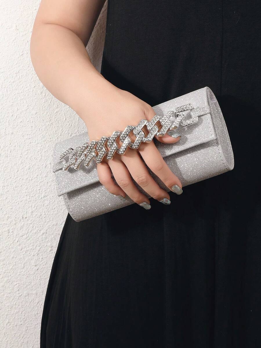 1 pieza Bolso de lujo silencioso y de moda con decoración de cadena, adecuado para uso diario, fiestas nocturnas y banquetes, bodas, vacaciones - Plateado - Ver 1