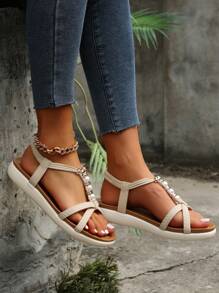 舒适宽版一脚蹬珍珠装饰凉鞋，大码女士休闲日常夏季鞋 - 米色 - 查看 3