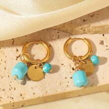 1 Pair Of Delicate Retro Women Retro Green Natural Stone Charm Fashion Waterproof Jewelry Hoop Earrings - Turquoise - View 11