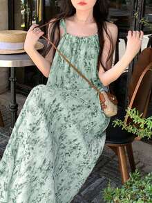 Vestido de verano con estampado total y tirantes para mujeres - Verde - Ver 4