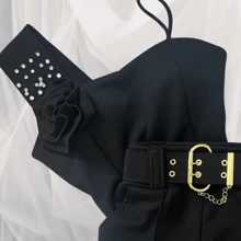 Women's Two-Piece Set Shorts With Belt And Strappy Cropped Mule - màu đen - Xem 3