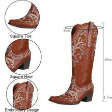 Cowgirl Western Women Embroidered Boots Flower Design Square Toe High Heel Mid Calf Shoes Luxury Retro Ridding Winter Boots