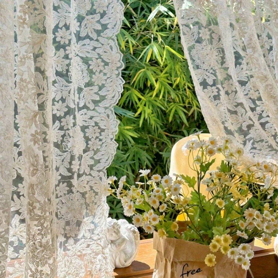 1 pieza Cortina de gasa bordada beige vintage francesa, para sala de estar, cocina, cafetería, con borde de encaje ondulado, cortina divisoria de estilo europeo, sin incluir la barra de cortina