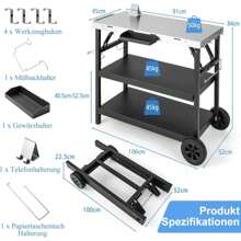 Grill Table, 3-Tier Mobile Dining Table Cart With Adjustable Shelf, Cell Phone Holder, Spice Rack, Towel Rack, Garage Shelf, Bag Holder & Hooks, Dining Table Work Table For BBQ Grill - Black - View 2