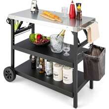 Grill Table, 3-Tier Mobile Dining Table Cart With Adjustable Shelf, Cell Phone Holder, Spice Rack, Towel Rack, Garage Shelf, Bag Holder & Hooks, Dining Table Work Table For BBQ Grill - Black - View 1