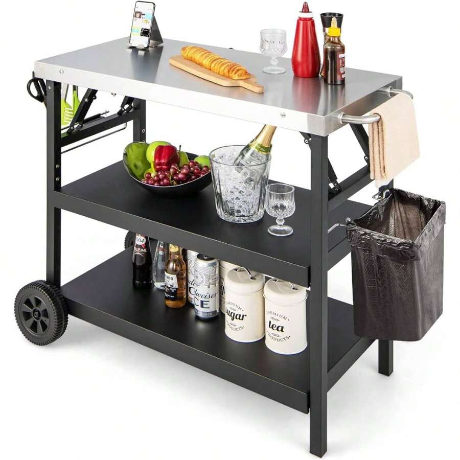 Grill Table, 3-Tier Mobile Dining Table Cart With Adjustable Shelf, Cell Phone Holder, Spice Rack, Towel Rack, Garage Shelf, Bag Holder & Hooks, Dining Table Work Table For BBQ Grill - Black - View 1
