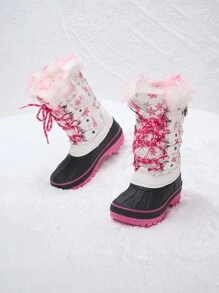 Kids Snow Boots, Waterproof Insulated Mid Calf Winter Boots With Black Faux Fur Lining For Boys And Girls - 紅白色 - 查看 1