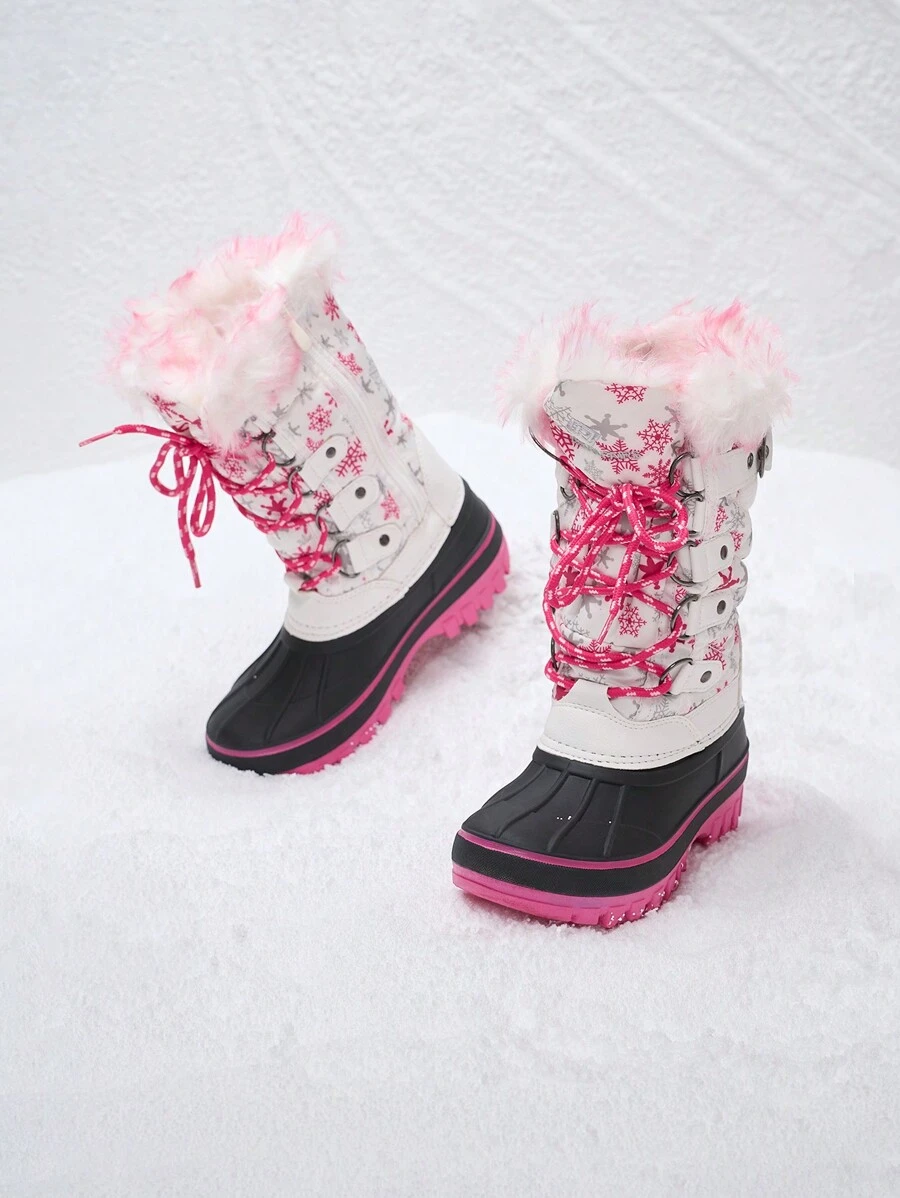 Kids Snow Boots, Waterproof Insulated Mid Calf Winter Boots With Black Faux Fur Lining For Boys And Girls - 紅白色 - 查看 1
