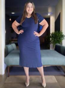 Plus Size Midi Dress With Ribbed Tube Sleeves And Side Slit - 藍色 - 查看 6