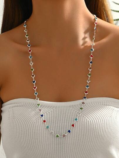 1pc Bohemian Style Random Color Glass Heart Pendant Long Necklace For Women, Vacation/Party/Shopping Valentines