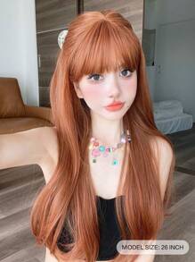 1 件时尚优雅的女士波浪合成假发。耐热波浪发，脏橙色假发，带刘海，26 英寸长，由纤维制成，适合日常使用，外观自然饱满，配有舒适的玫瑰网帽。- 易于佩戴和携带 - 臟橘色 - 查看 3