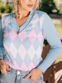 Women's Blouse Scottish Plaid Knitting Sweater V-Neck Tricot - Màu xanh nhạt - Xem 3