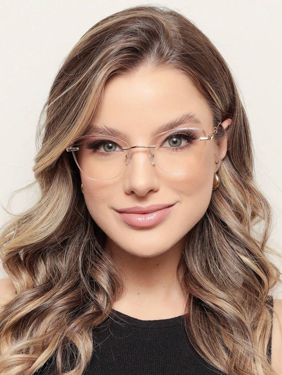 WOMEN'S RIMELESS EYEGLASSES FRAME OVAL KITTEN LAUNCH - 金色配咖啡 - 查看 1