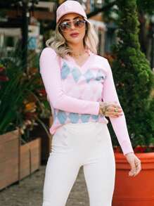 Women's Blouse Scottish Plaid Knitting Sweater V-Neck Tricot - Baby Pink - View 3
