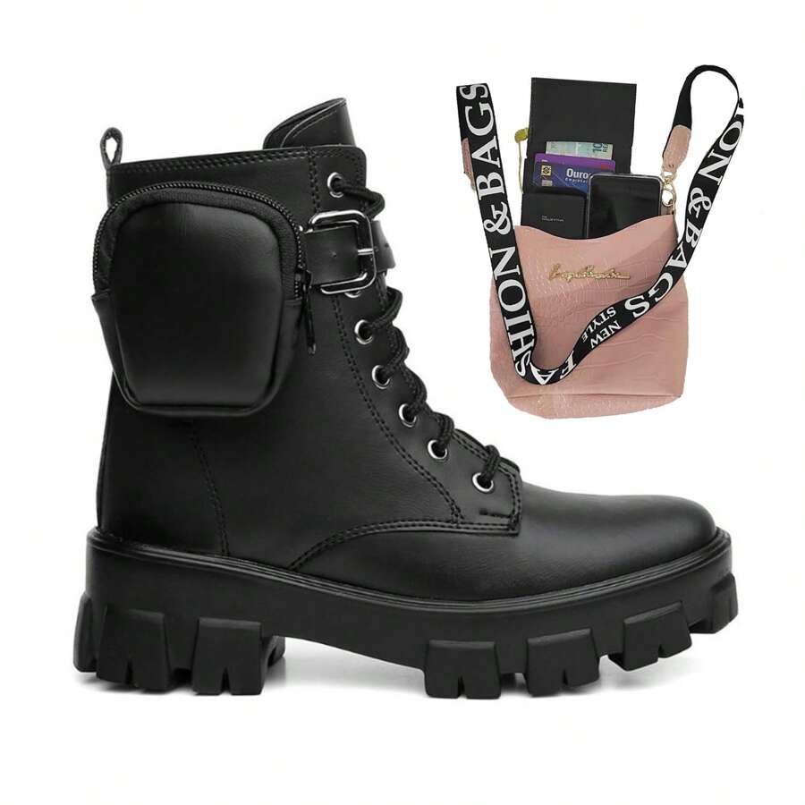 Blogueira Tratorada Combat Boot + Power Bags Crossbody Bag - 乾枯玫瑰色 - 查看 1