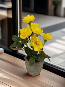 1pc/1set Artificial Flowers 17.5cm Tall Fake Plants Flocked Foam Cement Pot Mini Bonsai Decor Set, Suitable For Indoor Office Coffee Table Cabinet Desktop Decoration, Valentine Day, Gift Gifts Birthday Graduation