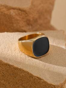 1pc 18K Gold Plated Stainless Steel Minimalist Black Square Pattern Men's Ring, Summer Accessory - Ring - View 4