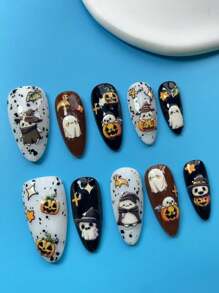 10 件高端手工万圣节南瓜骷髅指甲，女士万圣节假指甲，可拆卸和可重复使用假指甲 - 黑色 - 查看 5