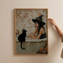 1 tấm Poster Suy ngẫm trong bồn tắm, Nghệ thuật Light Academia, Tranh in Halloween theo phong cách Gothic, Nghệ thuật treo tường Pretty Whimsigoth, Quà tặng cho người yêu mèo đen, Áp phích vải, Trang trí tường bằng vải cho nhà, Phòng khách, Phòng ngủ, Nhà bếp, Phòng tắm - Nhiều màu - Xem 7