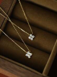 1pc Cubic Zirconia Four-Leaf Clover Flower Pendant Necklace, Made Of S925 Sterling Silver, Exquisite Jewelry Gift For Women, Birthday Party Or Date - Four-leaf Clover Diamond Necklace - View 3