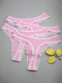 4pcs Women Ribbed Cute Bow Sexy Lace Trim Thong Panties In Pink - Pink - View 3