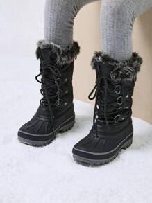 Kids Snow Boots, Waterproof Insulated Mid Calf Winter Boots With Black Faux Fur Lining For Boys And Girls - 黑與白 - 查看 2