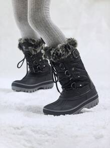 Kids Snow Boots, Waterproof Insulated Mid Calf Winter Boots With Black Faux Fur Lining For Boys And Girls - 黑與白 - 查看 3