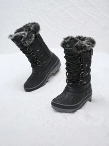 Kids Snow Boots, Waterproof Insulated Mid Calf Winter Boots With Black Faux Fur Lining For Boys And Girls - 黑與白 - 查看 1