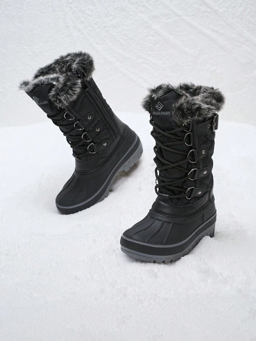 Kids Snow Boots, Waterproof Insulated Mid Calf Winter Boots With Black Faux Fur Lining For Boys And Girls - 黑與白 - 查看 1