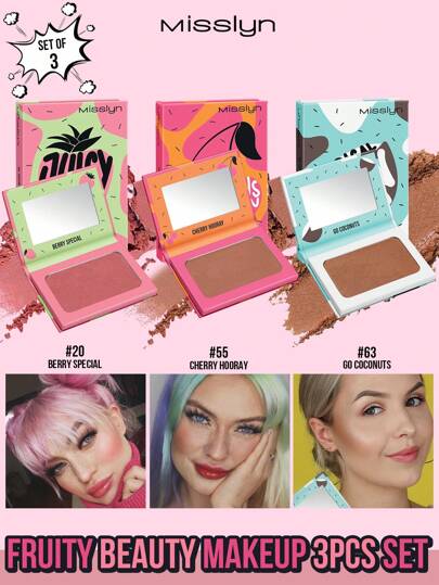 Misslyn 3支丝滑粉状高光，哑光或珠光两种妆效可选，带镜子，打造自然哑光光泽，持久显色，轻盈柔滑，易于晕染，自然粉状腮红，情人节礼物