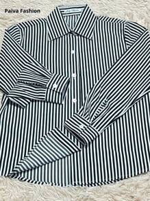 Paiva Fashion Women's Striped Social Shirt Long Sleeve With Button High Summer - Black - View 2